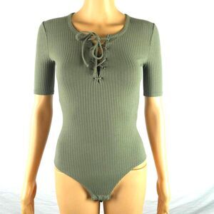 Madewell Ribbed Lace Up Bodysuit Short 1/2 Sleeve Snap Bottom Green XXS
